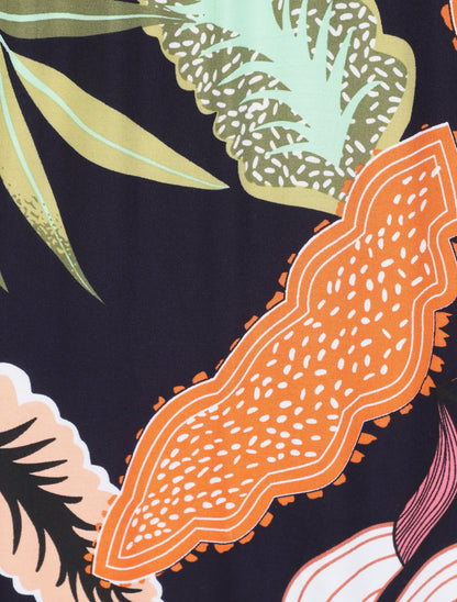 Robe longue empire imprimé plantes tropicales à bretelles - Marine - 3
