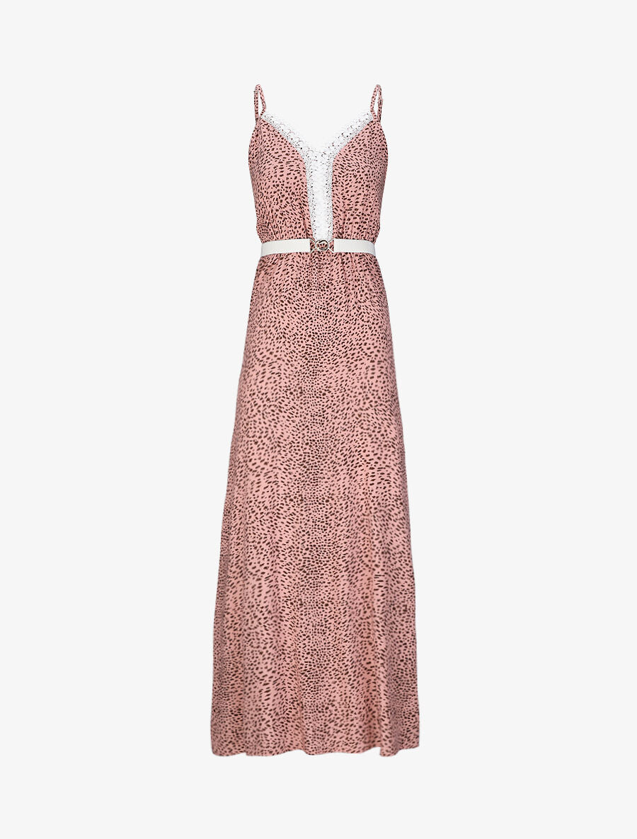 Robe longue patineuse à col dentelle et imprimé moucheté - Rose - 1
