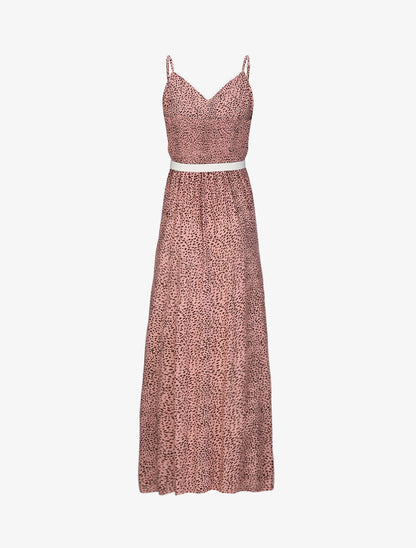 Robe longue patineuse à col dentelle et imprimé moucheté - Rose - 2
