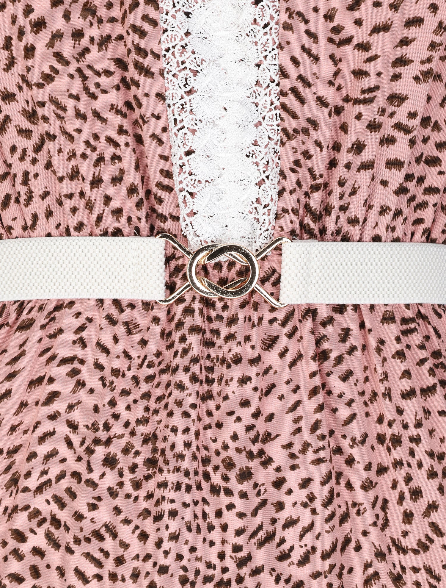 Robe longue patineuse à col dentelle et imprimé moucheté - Rose - 3