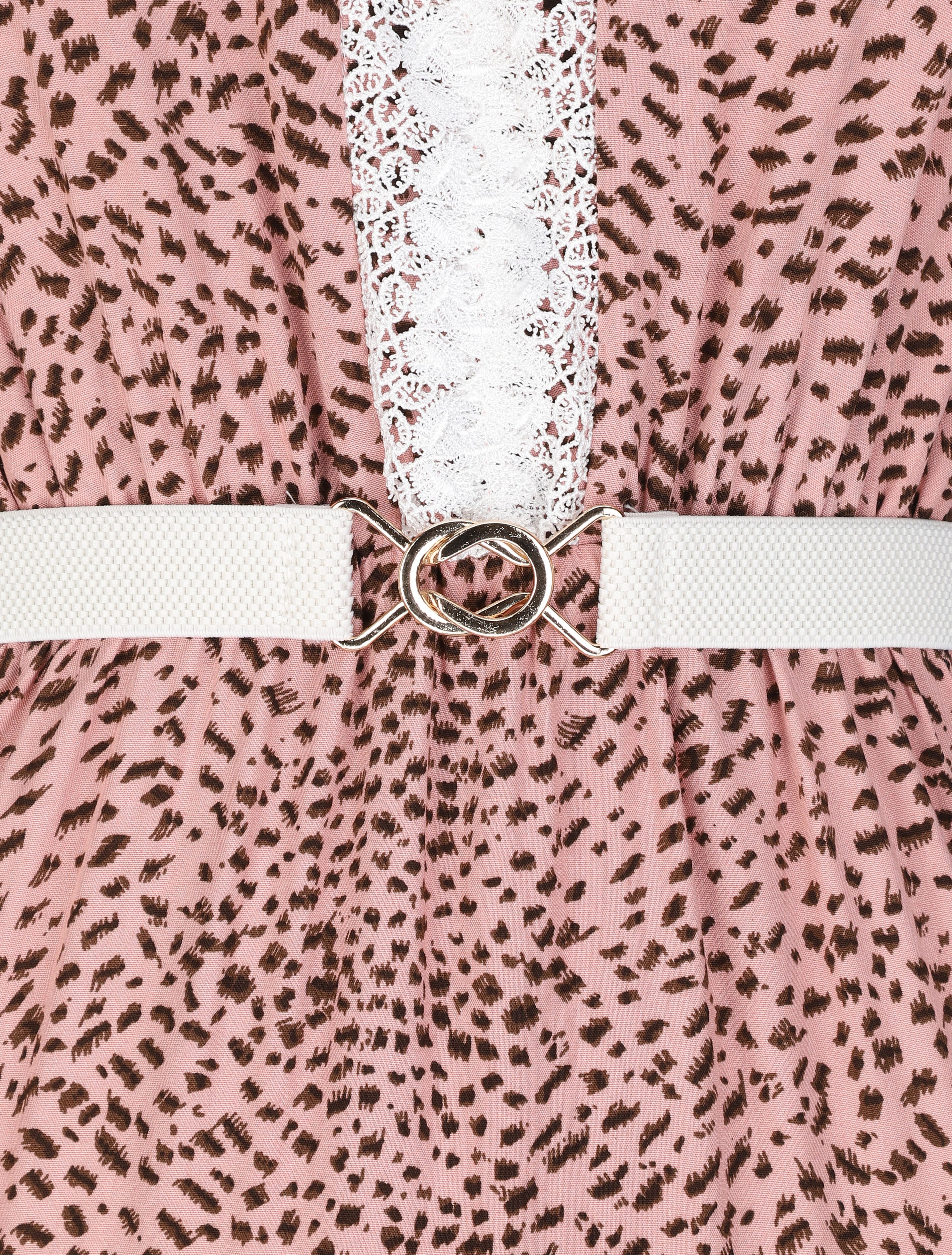 Robe longue patineuse à col dentelle et imprimé moucheté - Rose - 3