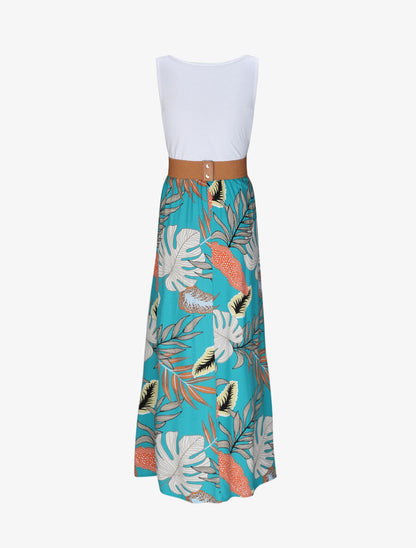 Robe longue patineuse bi-matière imprimé tropique - Blanc/bleu - 2