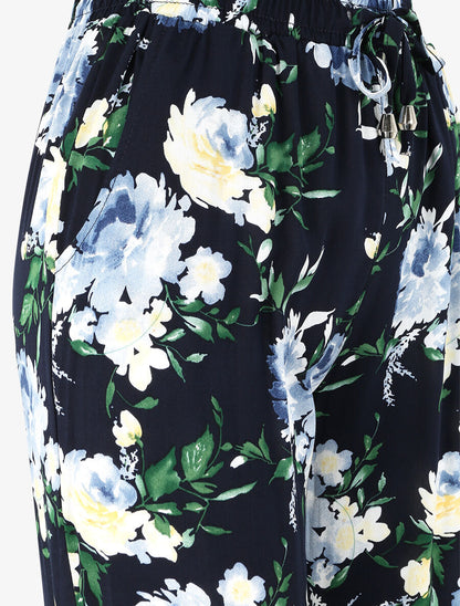 Pantalon fluide imprimé fleurs printanières à bords élastiqués - Marine - 3