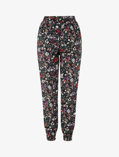 Pantalon fluide imprimé petites fleurs à bords élastiqués - Noir - 2