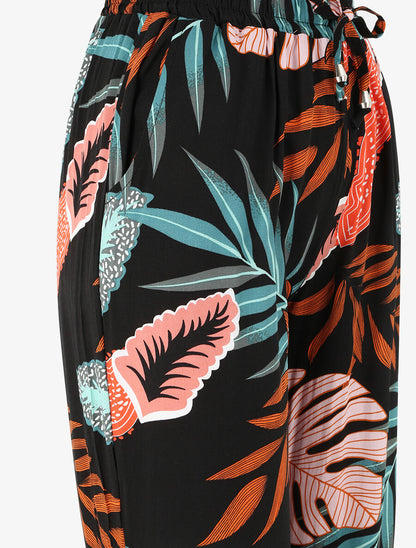 Pantalon fluide imprimé feuilles à bords élastiqués - Noir - 3