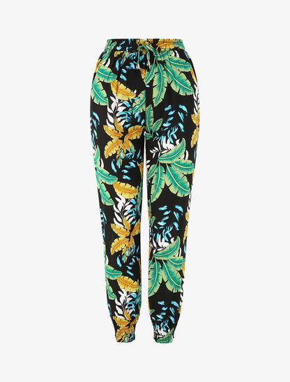 Pantalon fluide imprimé grandes feuilles à bords élastiqués - Vert - 1