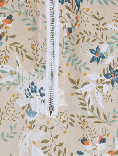 Top carré imprimé feuilles graphiques à encolure zippée - Beige - 3