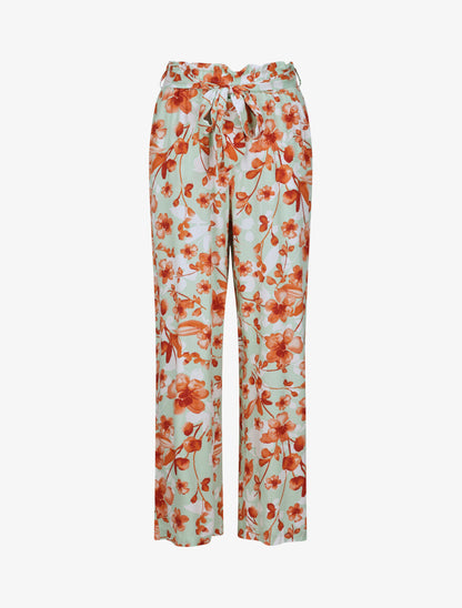 Pantalon fluide motifs pétales de roses - Vert amande - 1