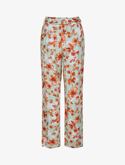 Pantalon fluide motifs pétales de roses - Vert amande - 2