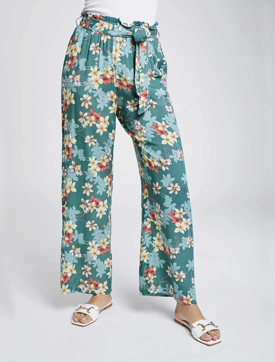Pantalon fluide motifs fleurs de vanillier - Bleu gris - 1