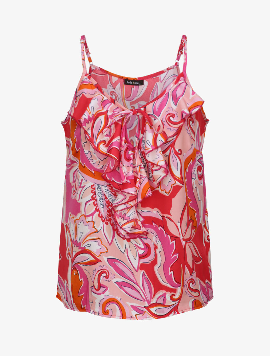 Débardeur carré à motifs tropicaux à col volanté - Fushia - 5