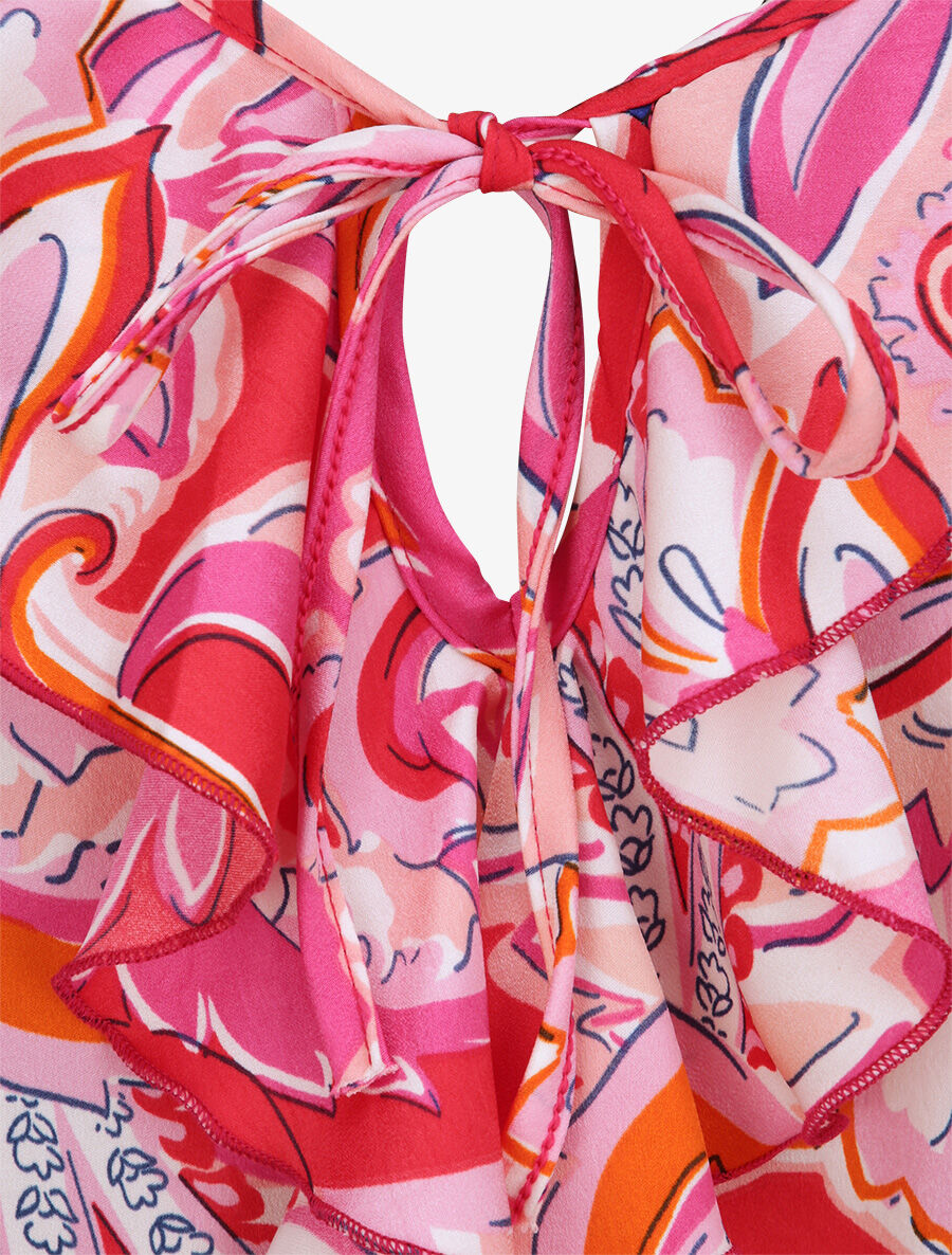 Débardeur carré à motifs tropicaux à col volanté - Fushia - 3