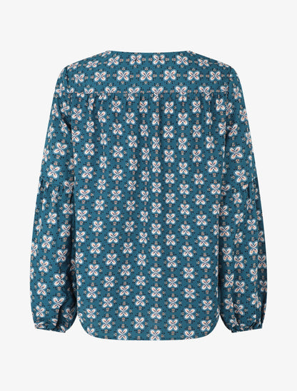 Top ample col V à fleurs - Bleu canard - 2