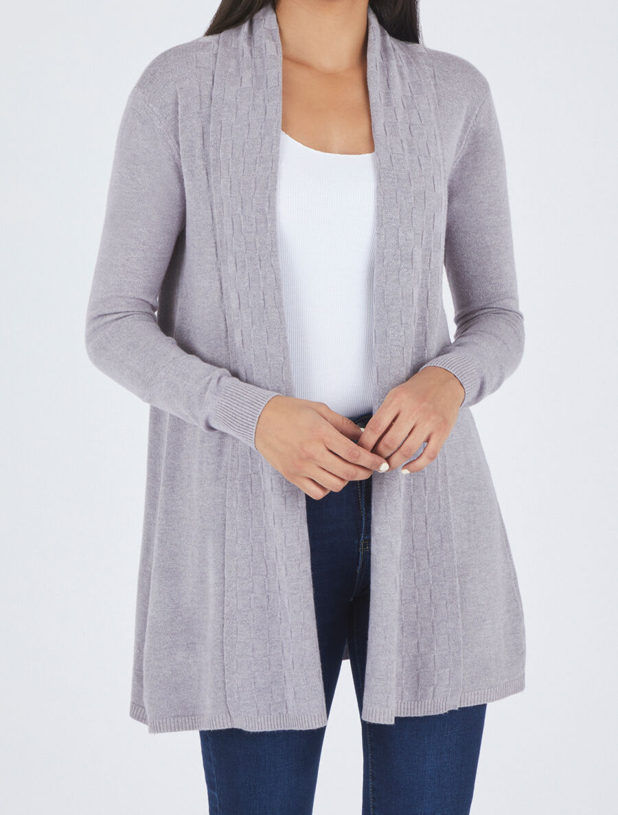 Gilet mi-long à col châle damier - Gris clair - 4