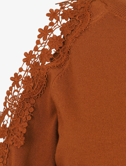 Pull épaules ajourées en dentelle - Terre de sienne - 4
