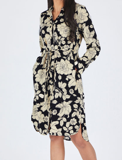 Robe mi-longue imprimé floral - Noir/beige - 4