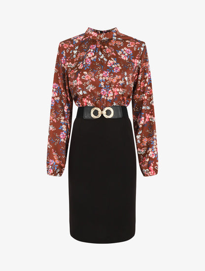 Robe satinée imprimé fleuri - Marron - 5