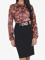 Robe satinée imprimé fleuri - Marron - 1