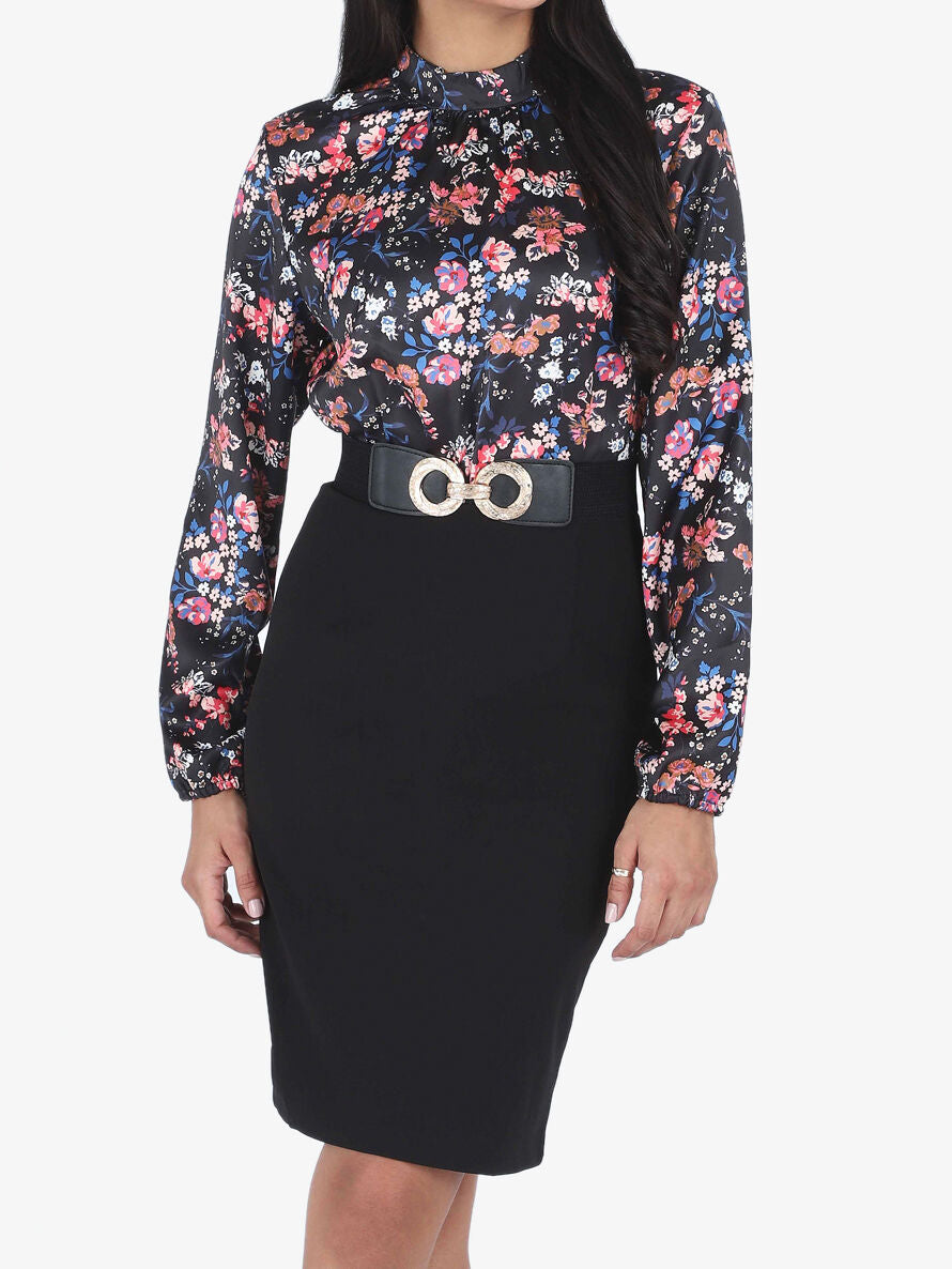 Robe satinée imprimé fleuri - Noir - 1