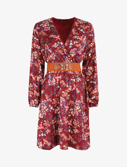 Robe satinée fleuri col cache-coeur - Bordeaux - 5