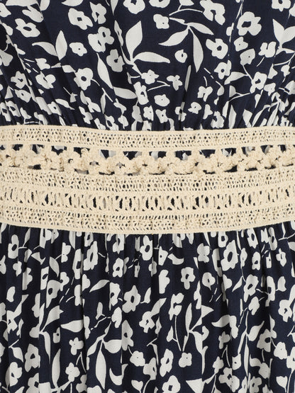 Robe longue à col américain et dentelle - Bleu nuit - 3