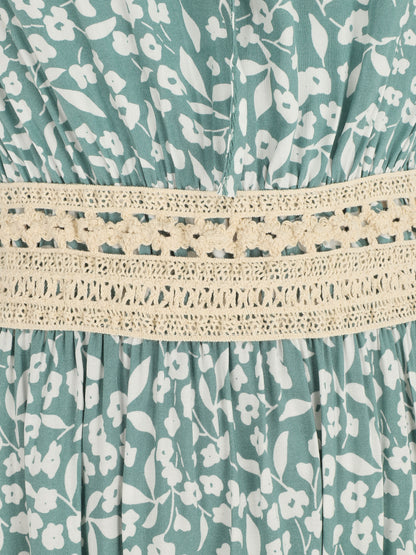 Robe longue à col américain et dentelle - Vert - 3