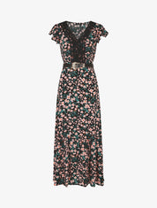 Robe longue élastiquée imprimé fleuri et broderies - Noir - 4