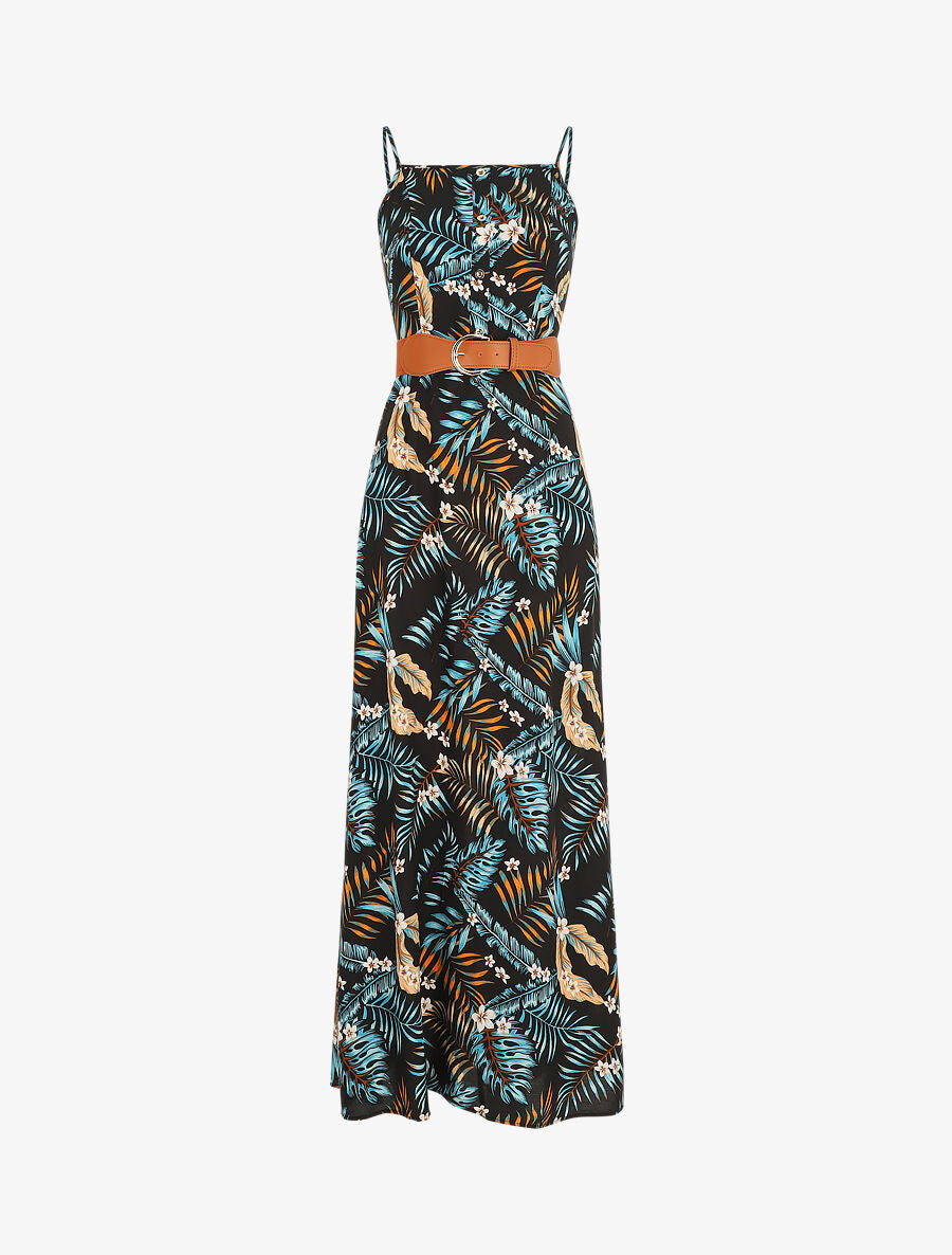 Robe longue droite à imprimé feuillage - Noir - 1