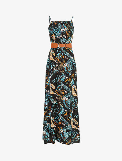 Robe longue droite à imprimé feuillage - Noir - 1