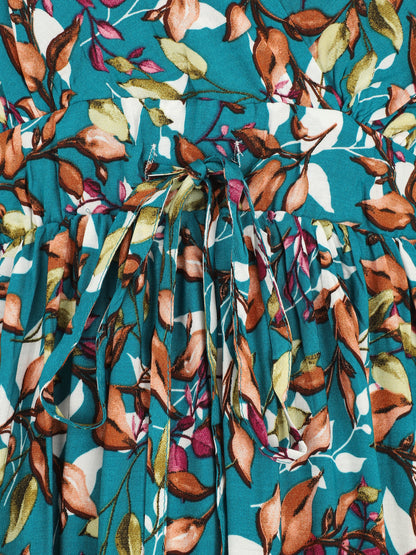 Robe mi-longue à imprimé feuilles - Bleu canard - 3