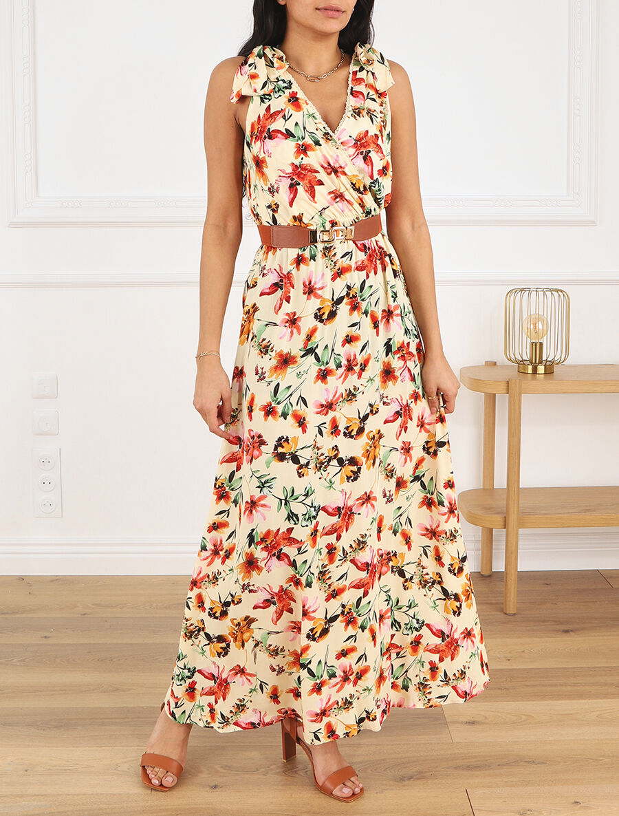 Robe imprimé fleuri à col en V - Beige - 4