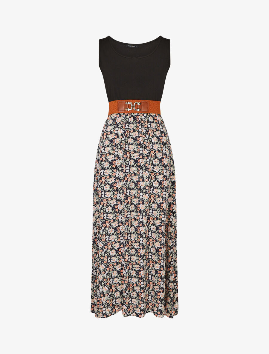 Robe bicolore à imprimé petites fleurs - Marine - 5