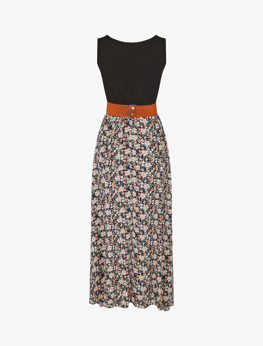 Robe bicolore à imprimé petites fleurs - Marine - 2