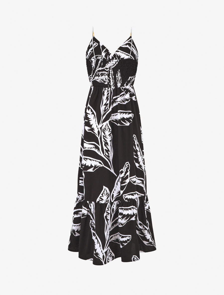 Robe à bretelles style cordes imprimé grandes feuilles - Noir - 2