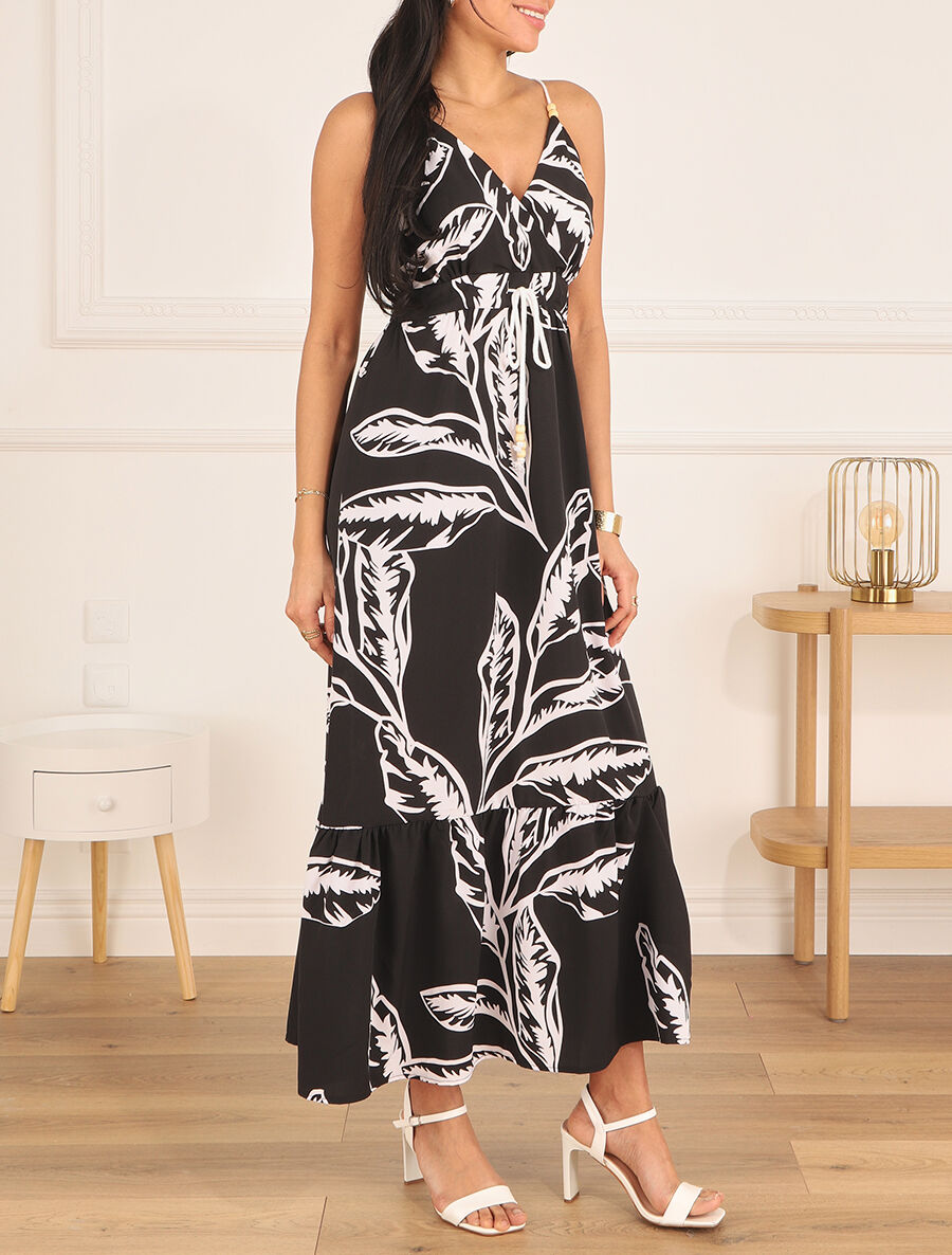Robe à bretelles style cordes imprimé grandes feuilles - Noir - 4