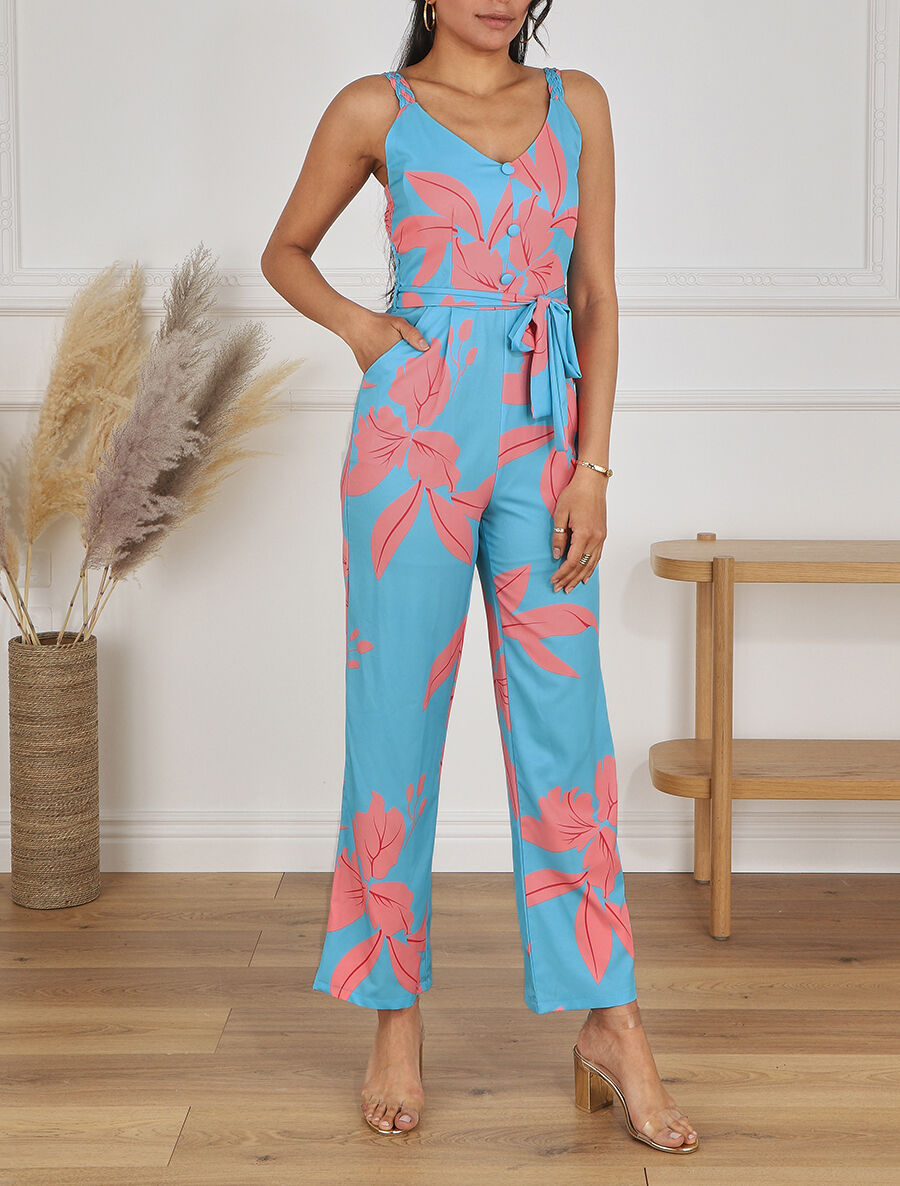 Combinaison droite bretelles tressées motif végétal - Turquoise - 4