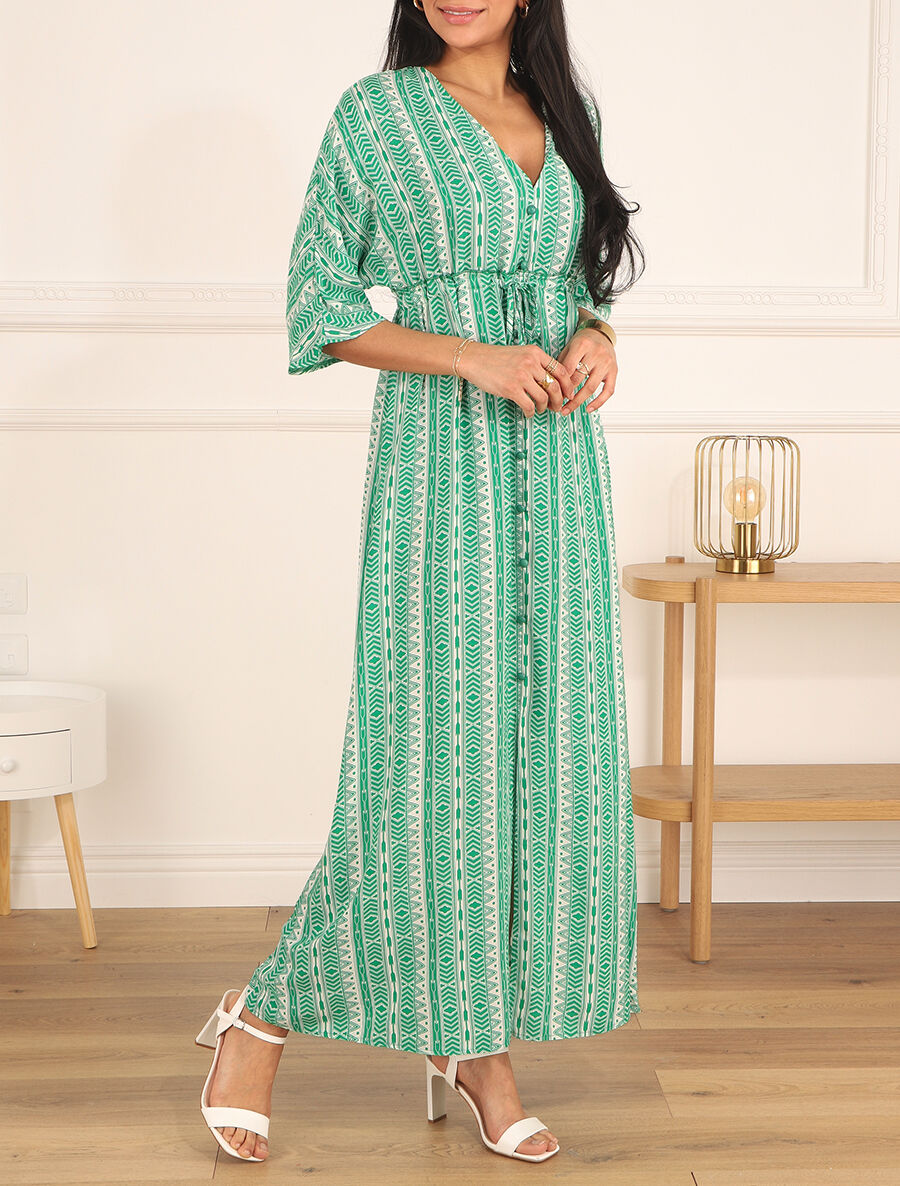 Robe longue imprimé graphique à manches 3/4 - Vert - 4