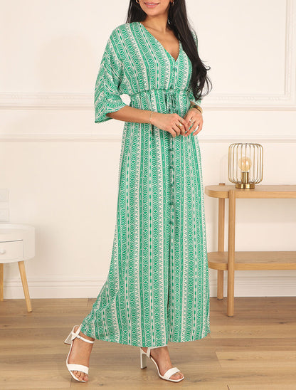 Robe longue imprimé graphique à manches 3/4 - Vert - 4