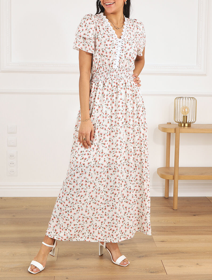 Robe imprimé petites fleurs à double manches - Blanc - 4