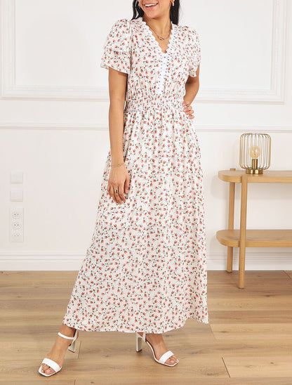 Robe imprimé petites fleurs à double manches - Blanc - 4