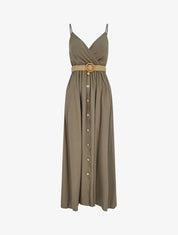 Robe longue unie à bretelles et boutons - Kaki - 1