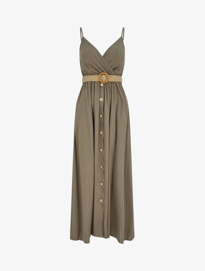 Robe longue unie à bretelles et boutons - Kaki - 1