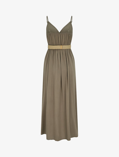 Robe longue unie à bretelles et boutons - Kaki - 2