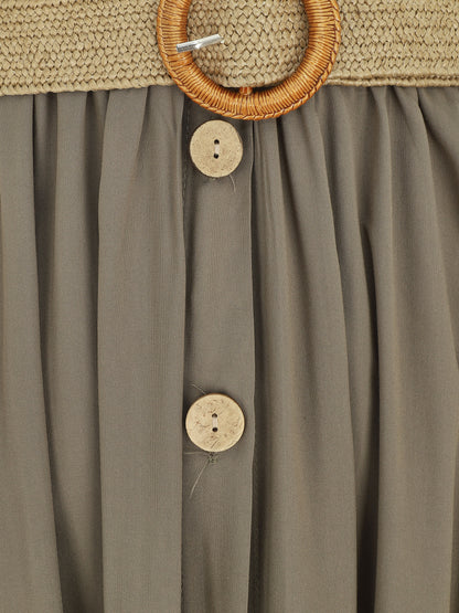 Robe longue unie à bretelles et boutons - Kaki - 3