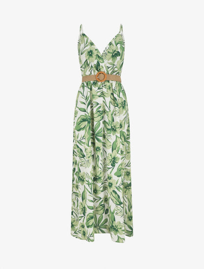 Robe longue imprimé grandes fleurs à bretelles - Vert - 1
