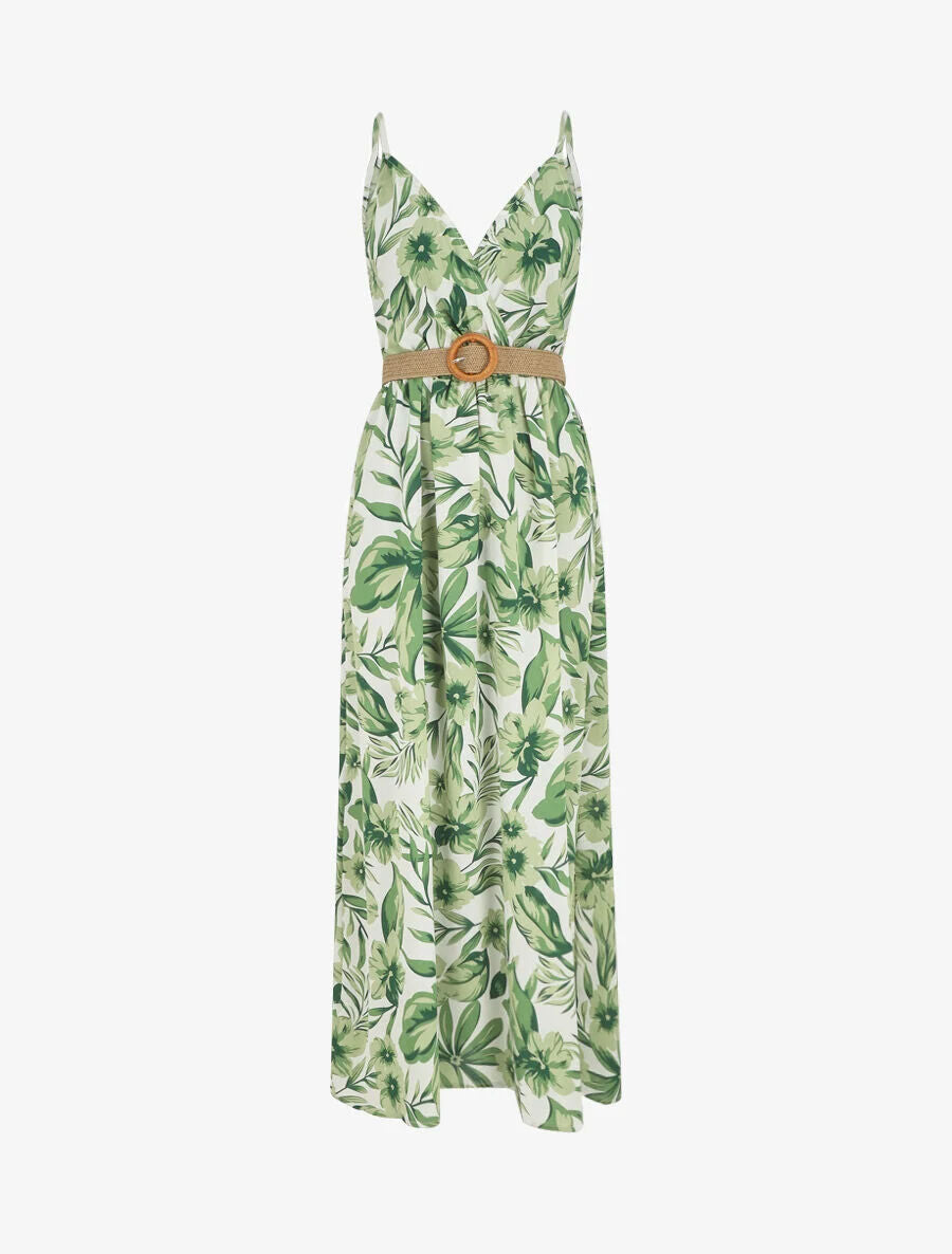 Robe longue imprimé grandes fleurs à bretelles - Vert - 4