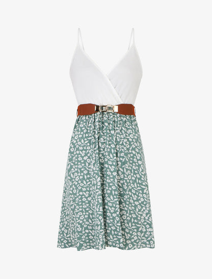 Robe mi-longue fleurie à fines bretelles - Vert d&