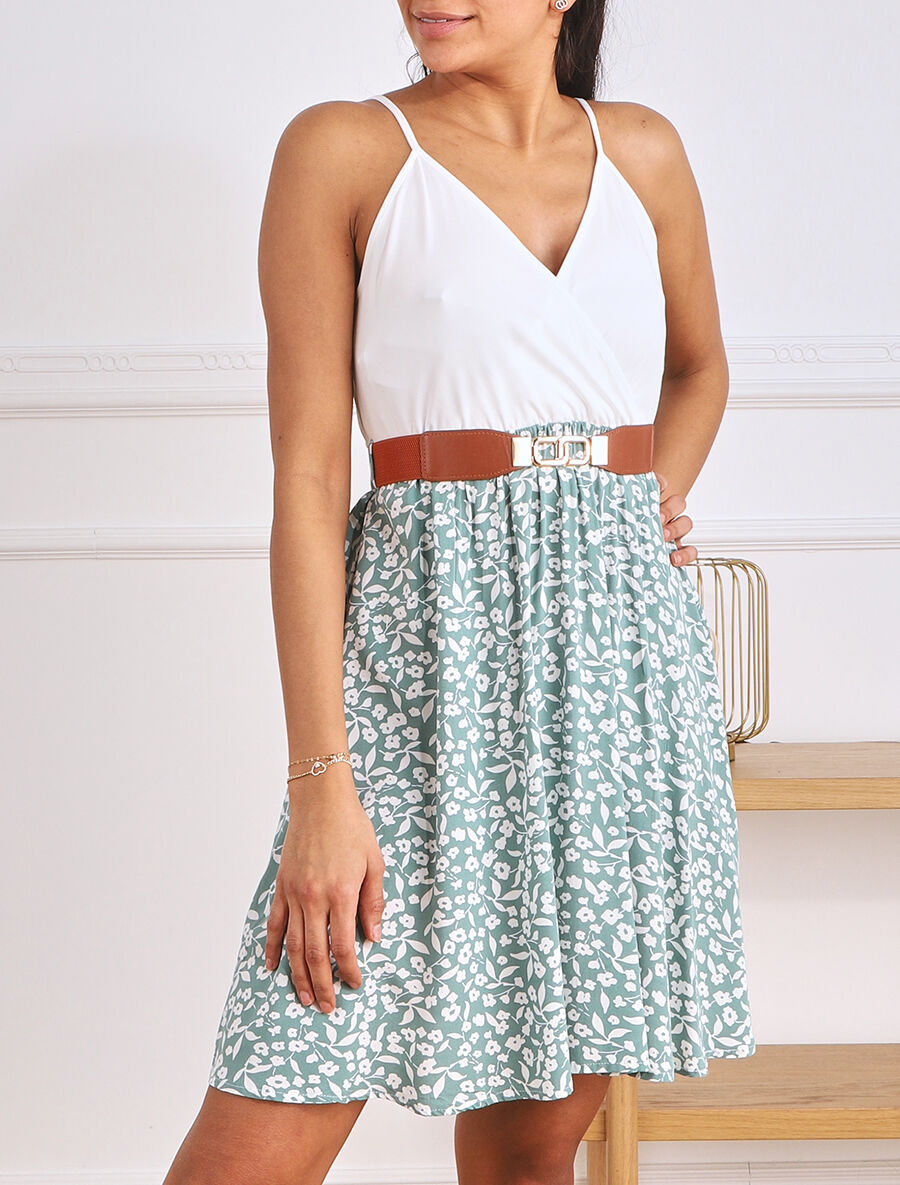 Robe mi-longue fleurie à fines bretelles - Vert d&