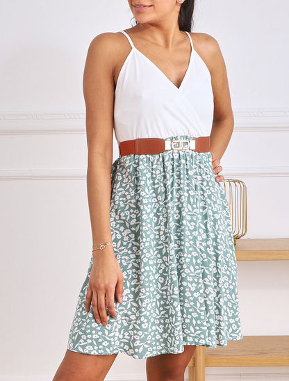 Robe mi-longue fleurie à fines bretelles - Vert d&