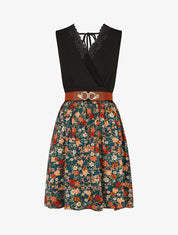 Robe mi-longue fleurie sans manches col dentelle - Bleu canard - 5
